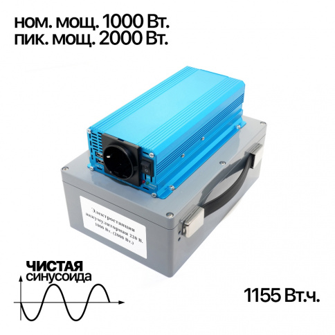 Портативная электростанция 12/220 В 1000 Вт (2000 Вт) (чистый синус) фото 1