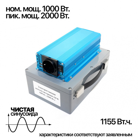Портативная электростанция 12/220 В 1000 Вт (2000 Вт) (чистый синус) фото 1